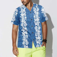 Blue Hibiscus Pattern Hawaiian Shirt, Short Sleeve Vintage White And Blue Hibiscus Print Shirt - Hyperfavor