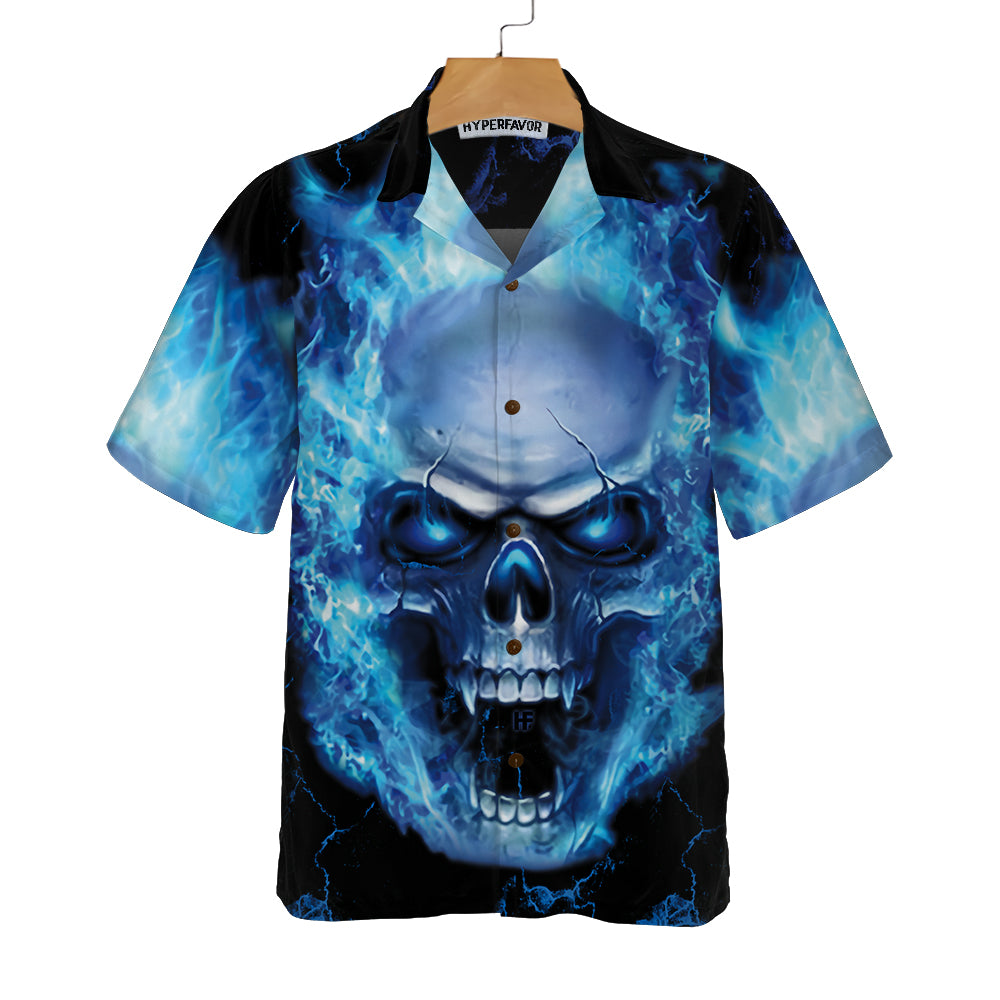 Blue Neon Skull Flame Hawaiian Shirt, 3D Blue Fire Skull Shirt - Hyperfavor