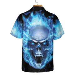 Blue Neon Skull Flame Hawaiian Shirt, 3D Blue Fire Skull Shirt - Hyperfavor