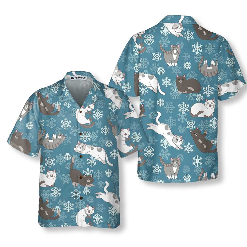 Blue Snowflakes Adorable Kittens Hawaiian Shirt, Funny Christmas Aloha Shirt - Hyperfavor