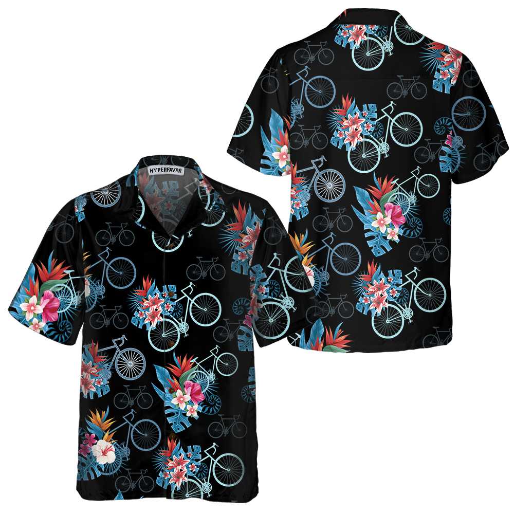 Blue Tropical Leaves Cycling Hawaiian Shirt, Tropical Mountain Bike Shirt For Men, Unique Gift For Cyclists - Hyperfavor