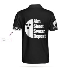 Bowling Aim Shoot Swear Repeat Custom Polo Shirt, Customized Bowling Shirt For Bowlers, Tenpin Bowling Shirt - Hyperfavor