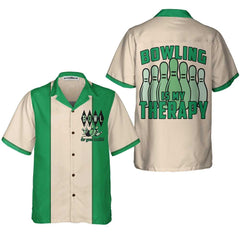 Bowling Is My Therapy Hawaiian Shirt, Green And White Bowling Shirt, Best Gift For Bowling Players - Hyperfavor