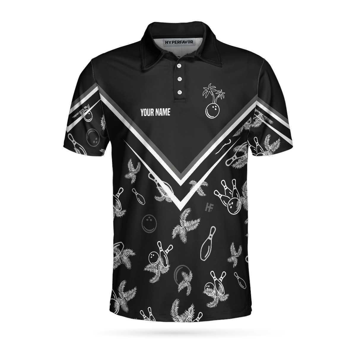 Bowling Monochrome Tropical Pattern Custom Polo Shirt, Black Bowling Polo Shirt For Bowlers, Personalized Gift Idea - Hyperfavor