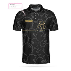 Bowling Pattern And Golden Polo Custom Polo Shirt, Black Personalized Bowling Shirt With Name, Bowling Gift Idea - Hyperfavor