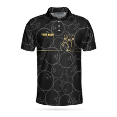 Bowling Pattern And Golden Polo Custom Polo Shirt, Black Personalized Bowling Shirt With Name, Bowling Gift Idea - Hyperfavor