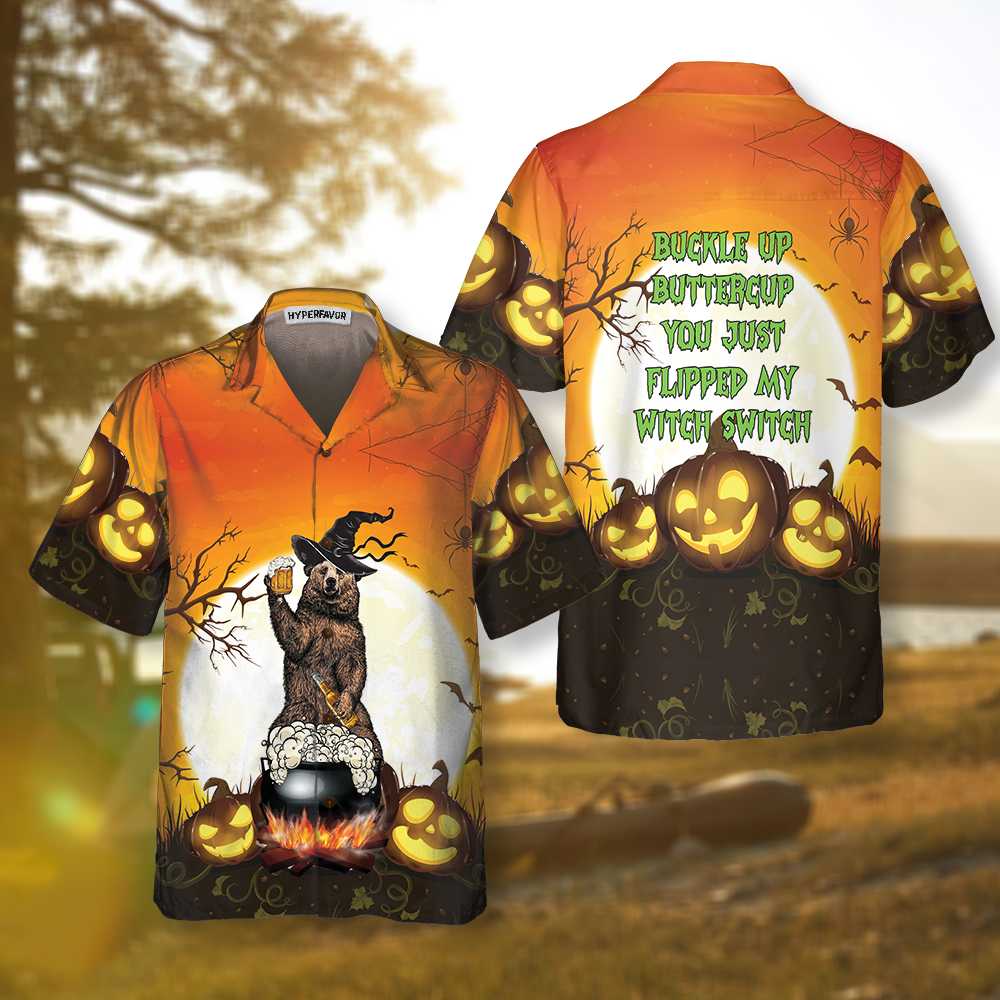 Buckle Up Buttercup You Just Flipped My Witch Switch Camping Bear Hawaiian Shirt, Unique Halloween Camping Shirt - Hyperfavor
