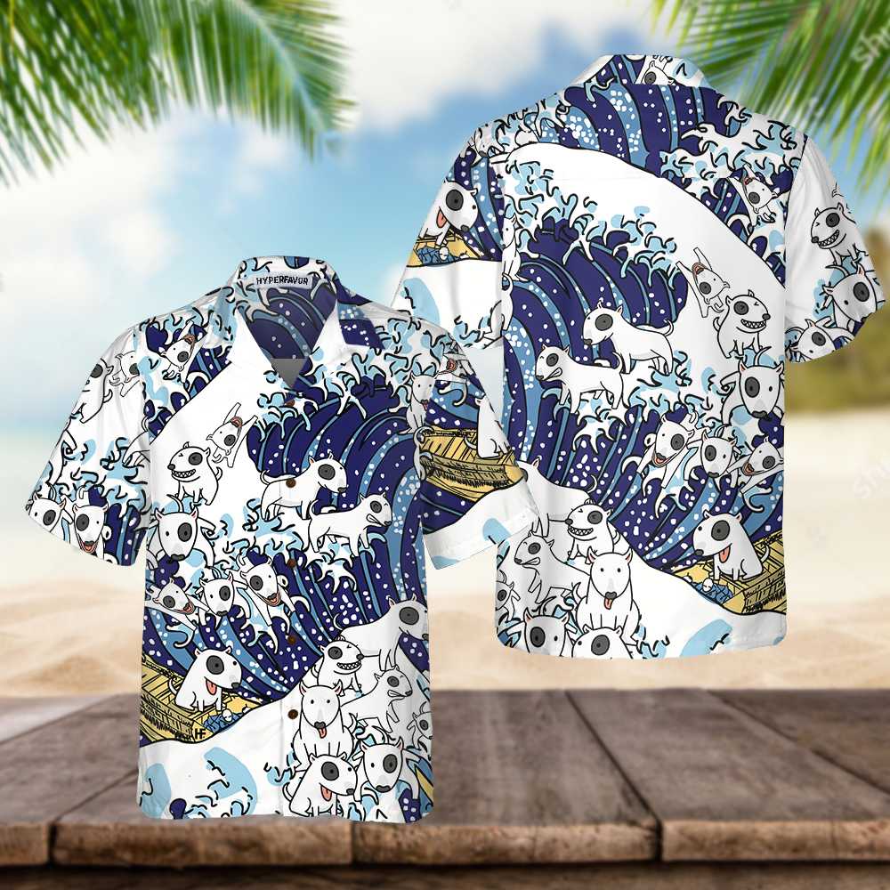 Bull Terrier Tsunami Bull Terrier Hawaiian Shirt, Funny Bull Terrier Shirt - Hyperfavor