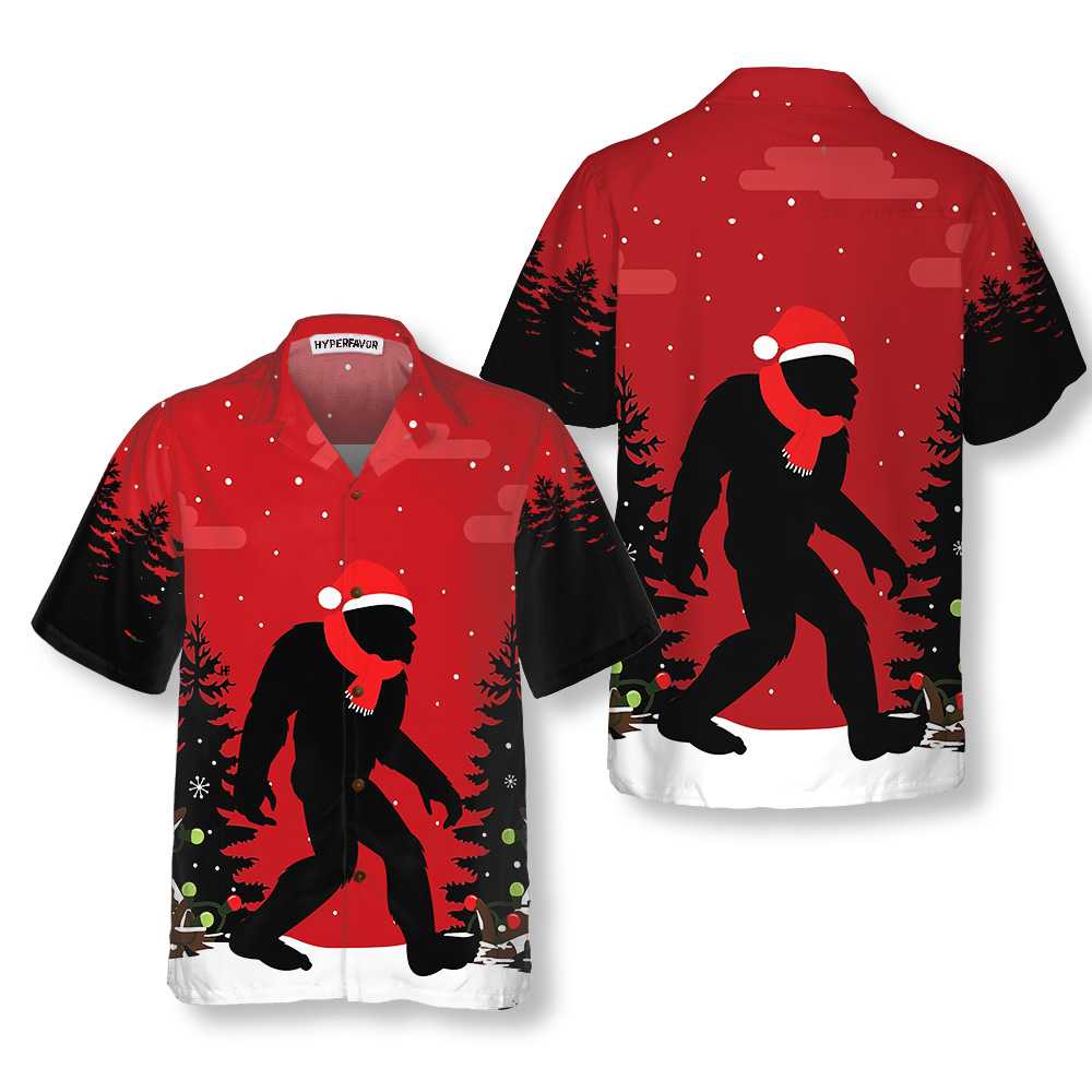 Christmas Bigfoot In The Forest Hawaiian Shirt, Funny Christmas Bigfoot Shirt For Men - Hyperfavor