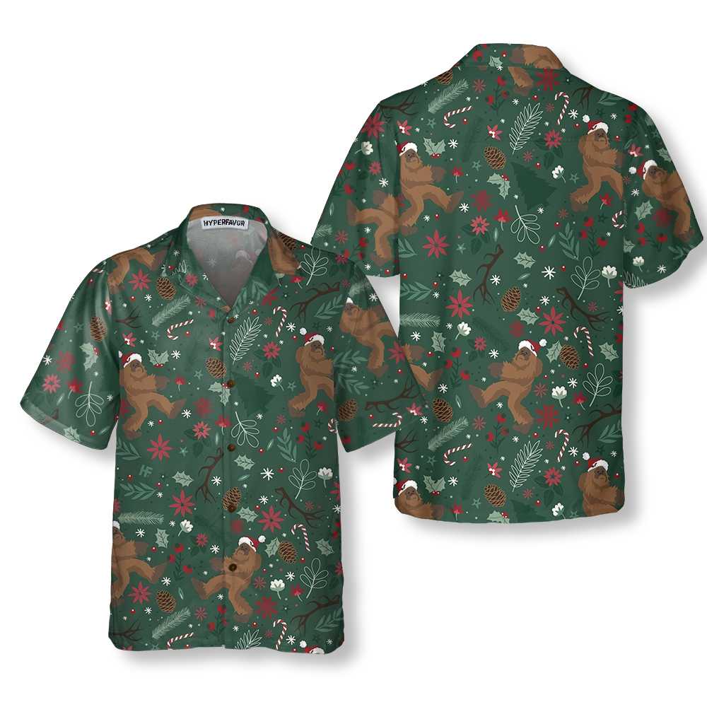 Christmas Bigfoot Pattern Hawaiian Shirt, Funny Bigfoot Christmas Shirt For Men - Hyperfavor