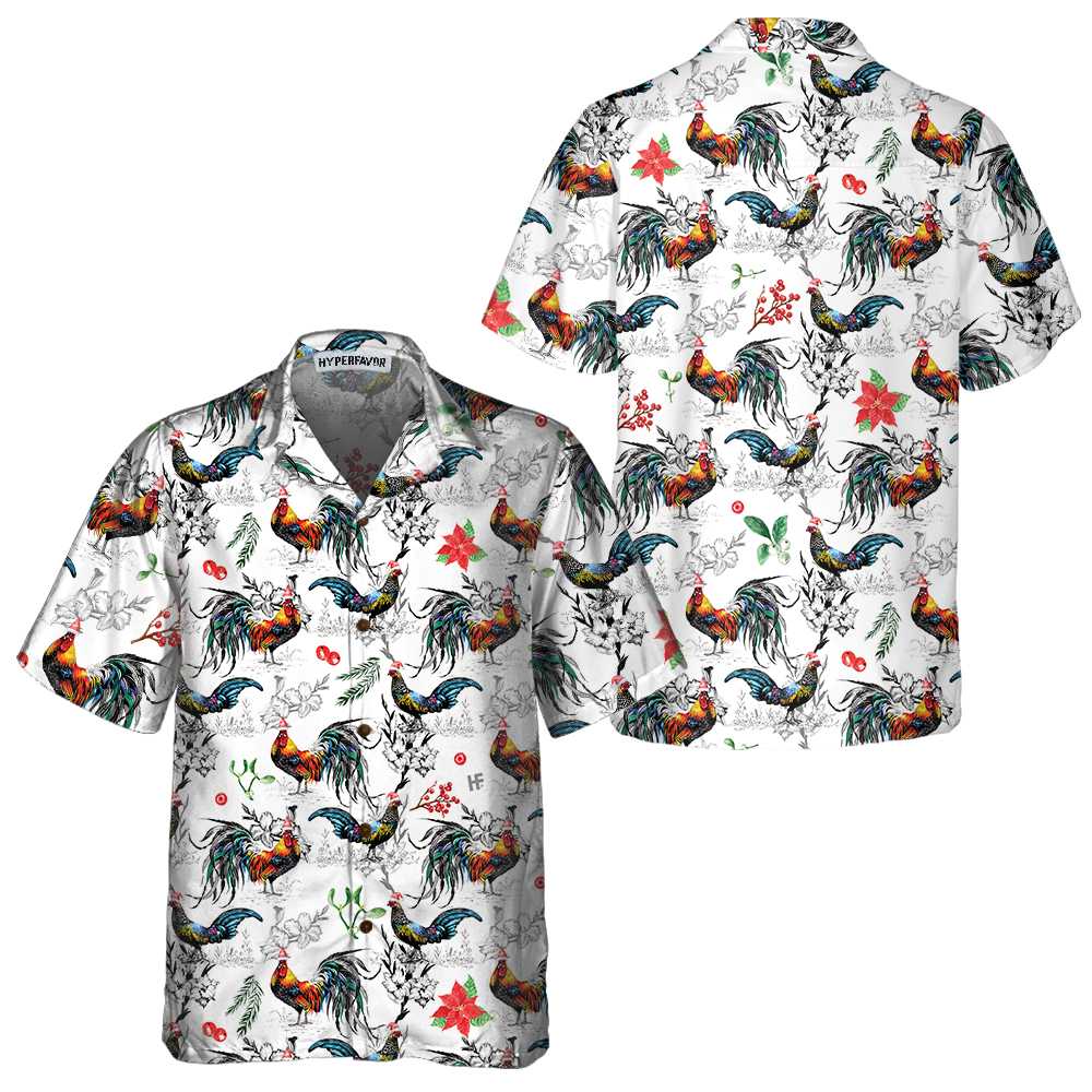 Christmas Chicken With Poinsettia Flower Hawaiian Shirt, Tropical Christmas Shirt For Men - Hyperfavor