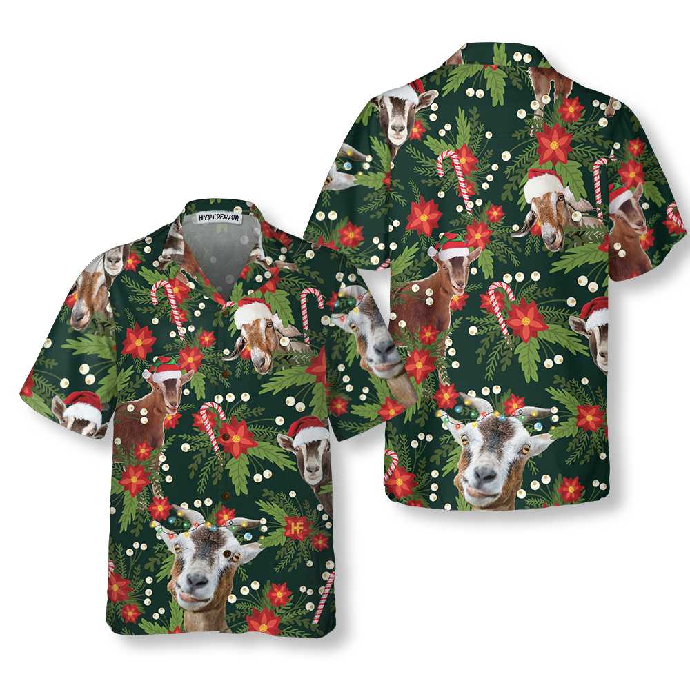 Christmas Goat With Poinsettia Flower Hawaiian Shirt, Funny Christmas Goat Shirt - Hyperfavor