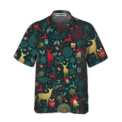 Christmas Golden Deer Pattern Hawaiian Shirt, Christmas Reindeer Shirt, Best Xmas Gift Idea - Hyperfavor