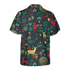 Christmas Golden Deer Pattern Hawaiian Shirt, Christmas Reindeer Shirt, Best Xmas Gift Idea - Hyperfavor