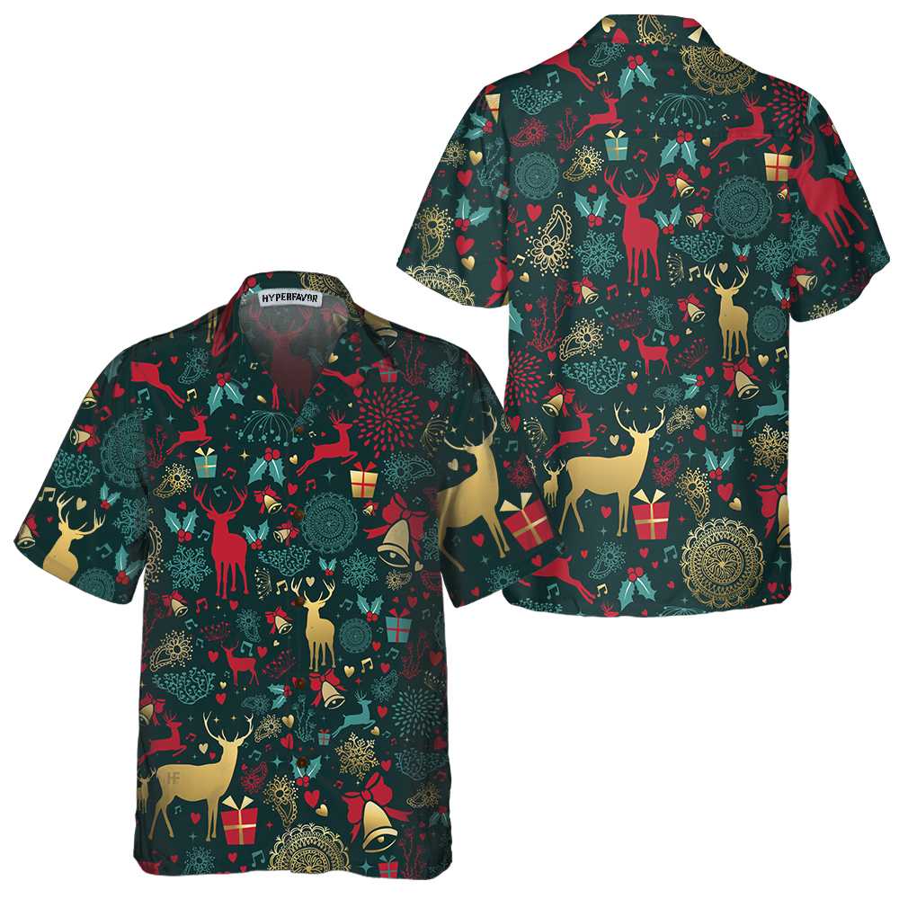 Christmas Golden Deer Pattern Hawaiian Shirt, Christmas Reindeer Shirt, Best Xmas Gift Idea - Hyperfavor