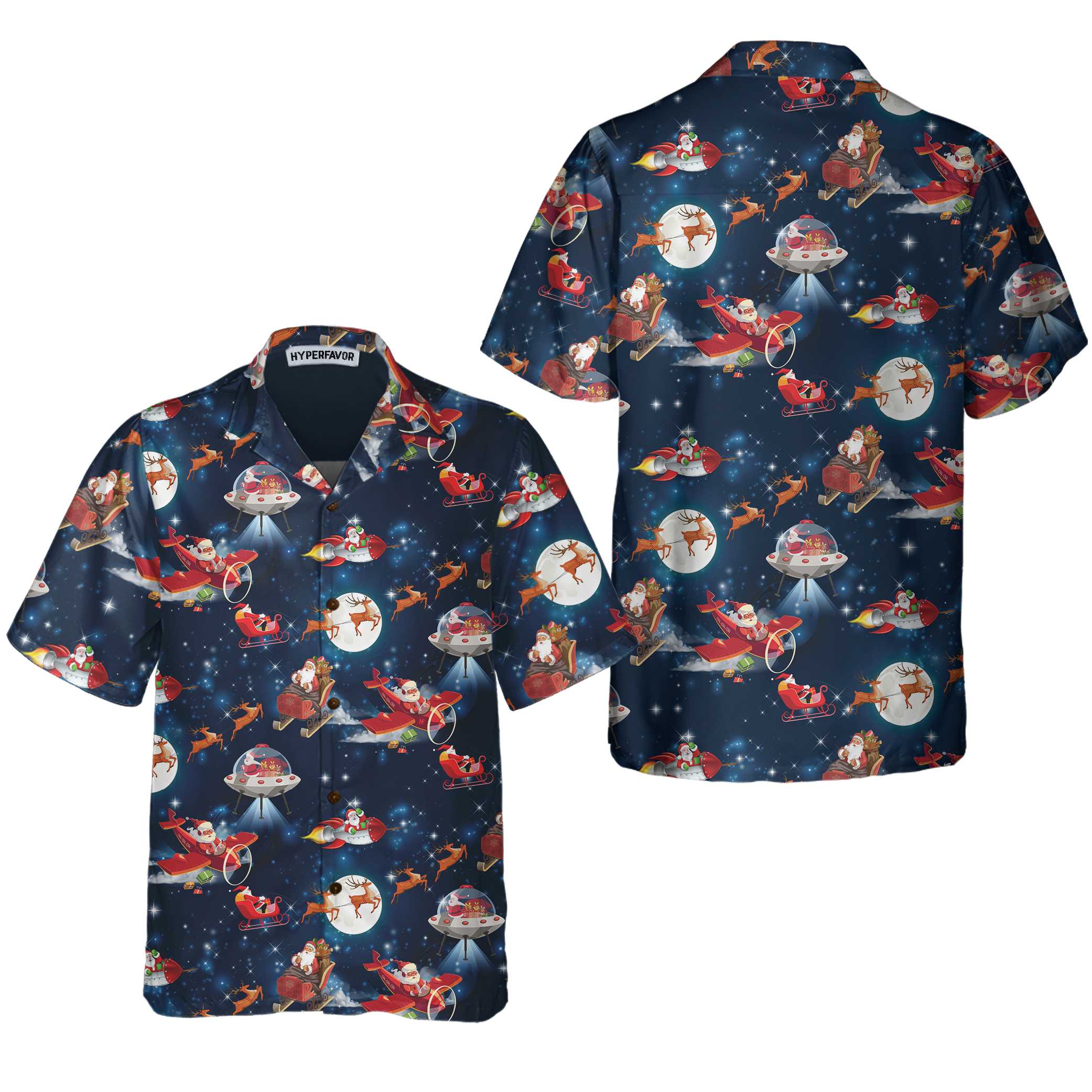Christmas In Space Christmas Hawaiian Shirt With Santa Claus And Reindeer Pattern - Hyperfavor