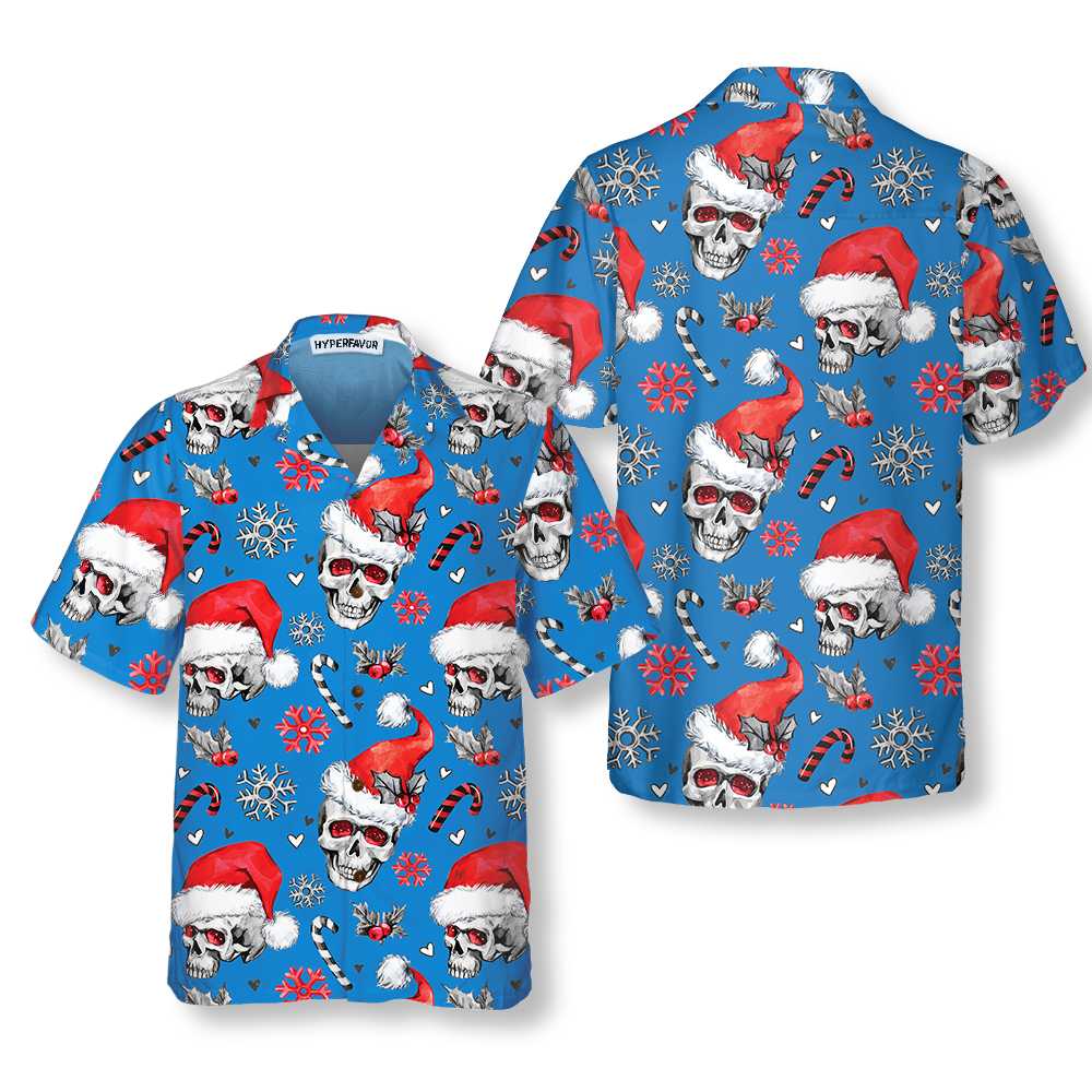 Christmas Skulls With Candy Canes Blue Version Christmas Hawaiian Shirt, Skull Christmas Hawaiian Shirt For Men - Hyperfavor