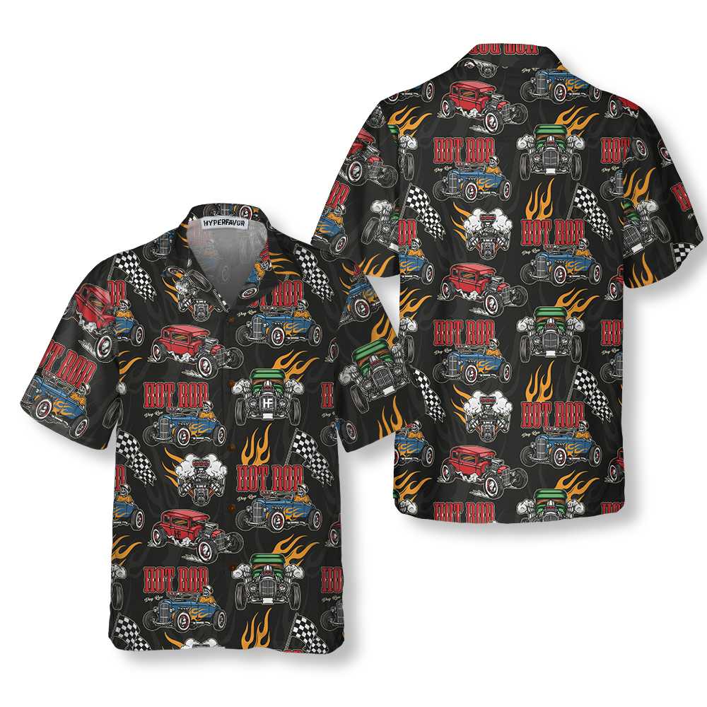 Colorful Hot Rod Pattern Hawaiian Shirt, Racing Hot Rod Shirt For Men - Hyperfavor