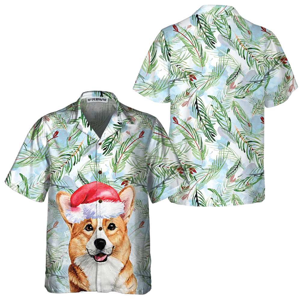 Corgi With Christmas Fir Branches Pattern Hawaiian Shirt, Corgi Christmas Shirt, Best Christmas Gift Idea - Hyperfavor