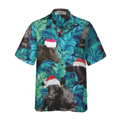 Cows Black Cattle Wear Santa Hat Hawaiian Shirt, Tropical Leaves Pattern Christmas Shirt, Best Gift For Christmas - Hyperfavor