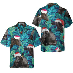 Cows Black Cattle Wear Santa Hat Hawaiian Shirt, Tropical Leaves Pattern Christmas Shirt, Best Gift For Christmas - Hyperfavor