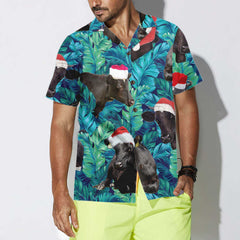 Cows Black Cattle Wear Santa Hat Hawaiian Shirt, Tropical Leaves Pattern Christmas Shirt, Best Gift For Christmas - Hyperfavor