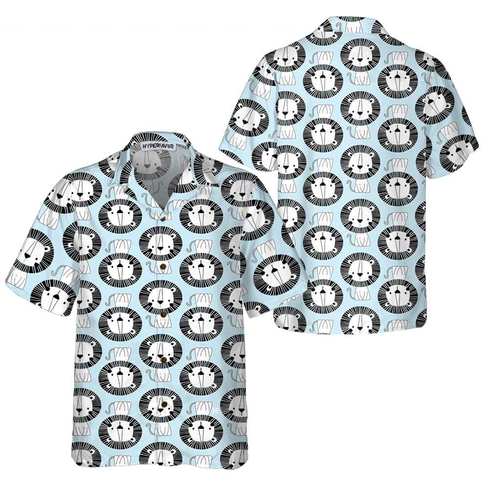 Cute Lion On Blue Hawaiian Shirt, Button Up Lion Shirt For Men & Women, Lion Hawaiian Shirt Lion Gift Idea - Hyperfavor