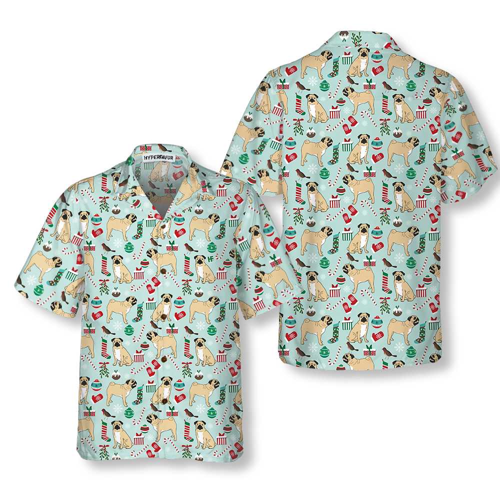 Cute Pug Xmas Holiday Hawaiian Shirt, Funny Christmas Dog Hawaiian Shirt - Hyperfavor