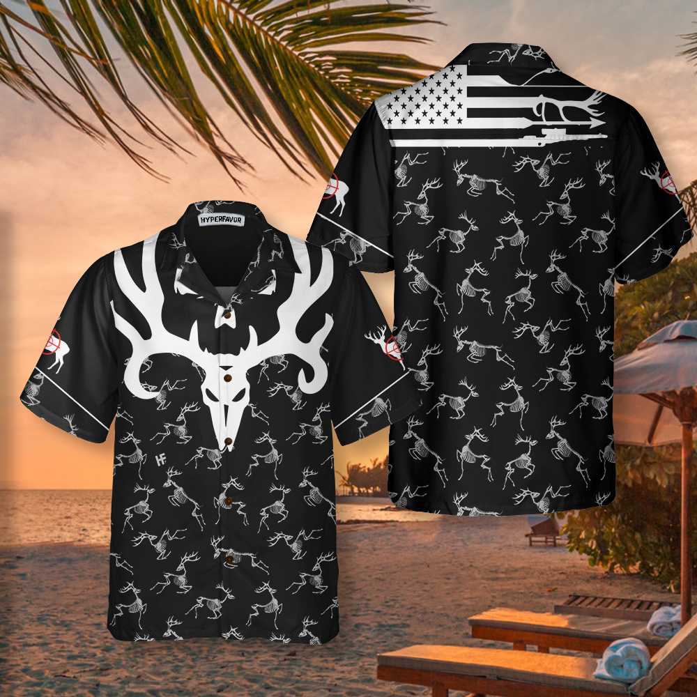 Deer Head Skull Bone America Hunting Hawaiian Shirt, Black And White Deer Hunting Shirt, - Hyperfavor