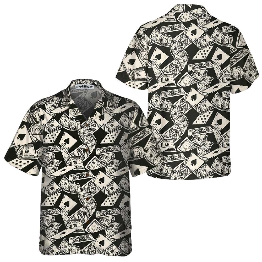 Dollar Bill And Poker Pattern Hawaiian Shirt, Dollar Hawaiian Shirt For Men, Funny Money Shirt Gift - Hyperfavor