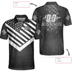 Drag Racing Custom Polo Shirt, Black American Flag Racing Shirt For Men - Hyperfavor