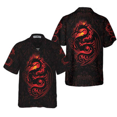 Dragon Tribal Tattoo Art Hawaiian Shirt, Cool Red Dragon Black Shirt - Hyperfavor