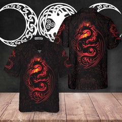 Dragon Tribal Tattoo Art Hawaiian Shirt, Cool Red Dragon Black Shirt - Hyperfavor
