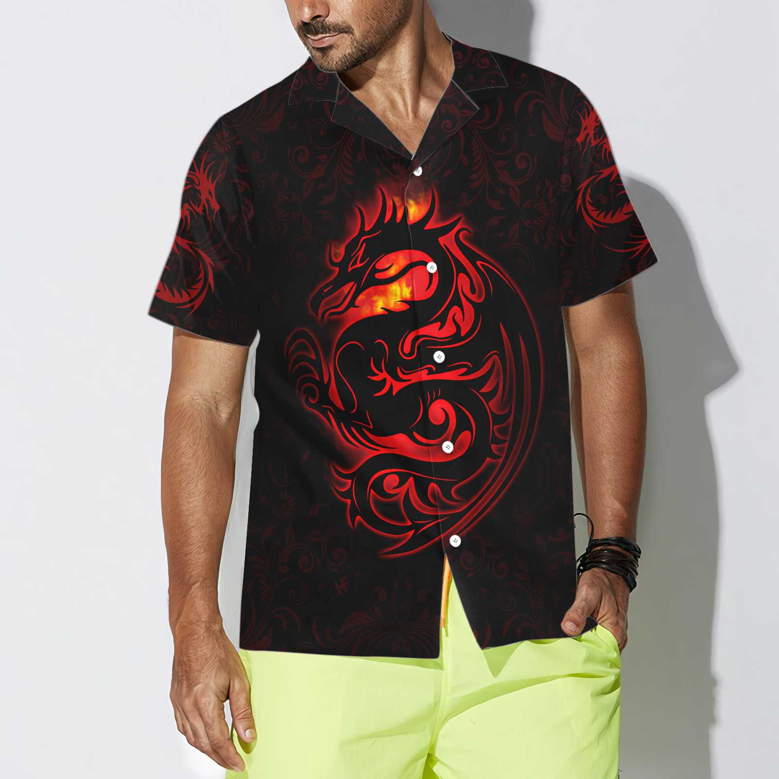 Dragon Tribal Tattoo Art Hawaiian Shirt, Cool Red Dragon Black Shirt - Hyperfavor