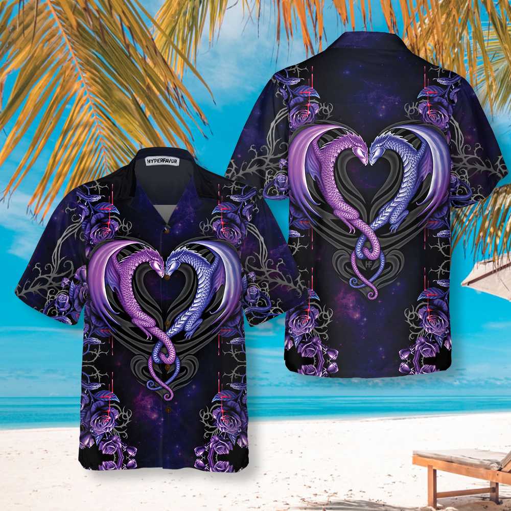 Dragons & The Love Flower Hawaiian Shirt, Unique Shirt With Dragon Couple And Roses - Hyperfavor