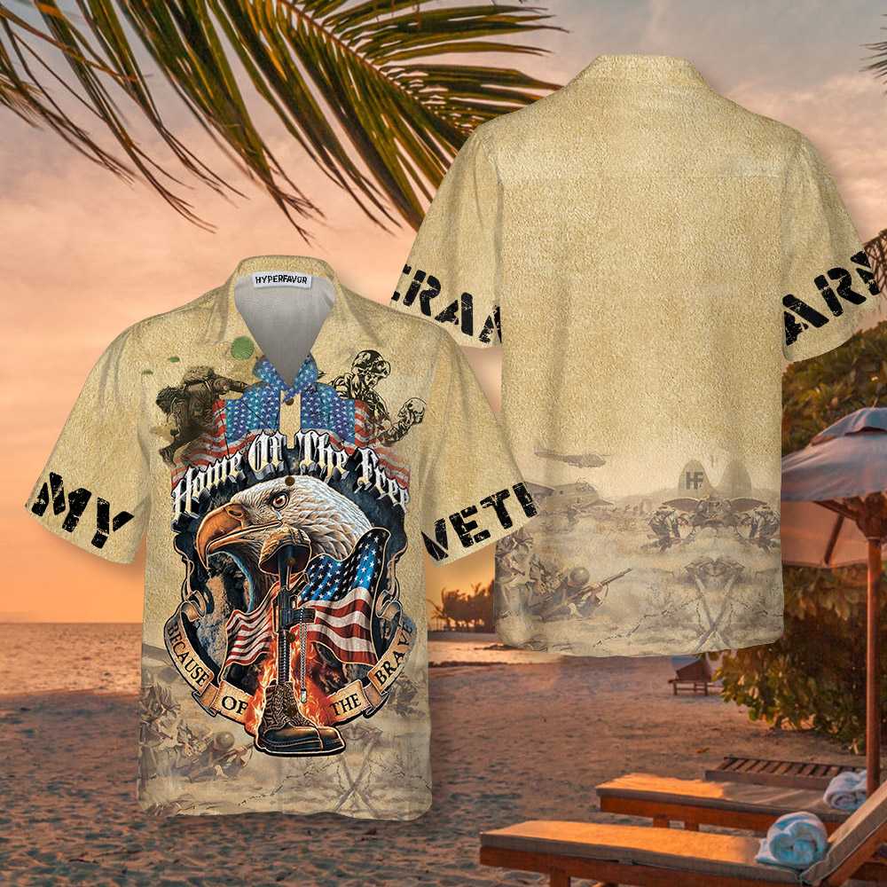 Eagle Army Veteran Home Of The Free Hawaiian Shirt, Vintage American Flag Veteran Shirt - Hyperfavor