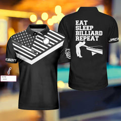 Eat Sleep Billiard Repeat Custom Polo Shirt, Personalized Billiard Polo Shirt, American Flag Shirt Design - Hyperfavor