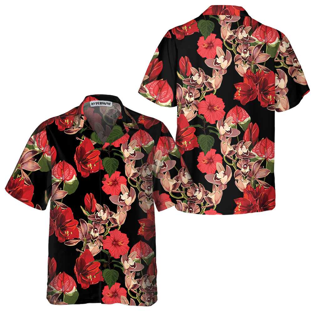 Exotic Hibiscus And Tropical Plants Hawaiian Shirt, Unique Red Hibiscus Print Shirt - Hyperfavor