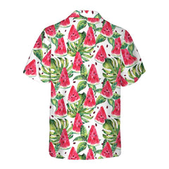 Exotic Summer Watermelon Hawaiian Shirt, Tropical Leaves And Watermelon Print Shirt - Hyperfavor