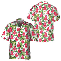 Exotic Summer Watermelon Hawaiian Shirt, Tropical Leaves And Watermelon Print Shirt - Hyperfavor