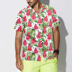 Exotic Summer Watermelon Hawaiian Shirt, Tropical Leaves And Watermelon Print Shirt - Hyperfavor