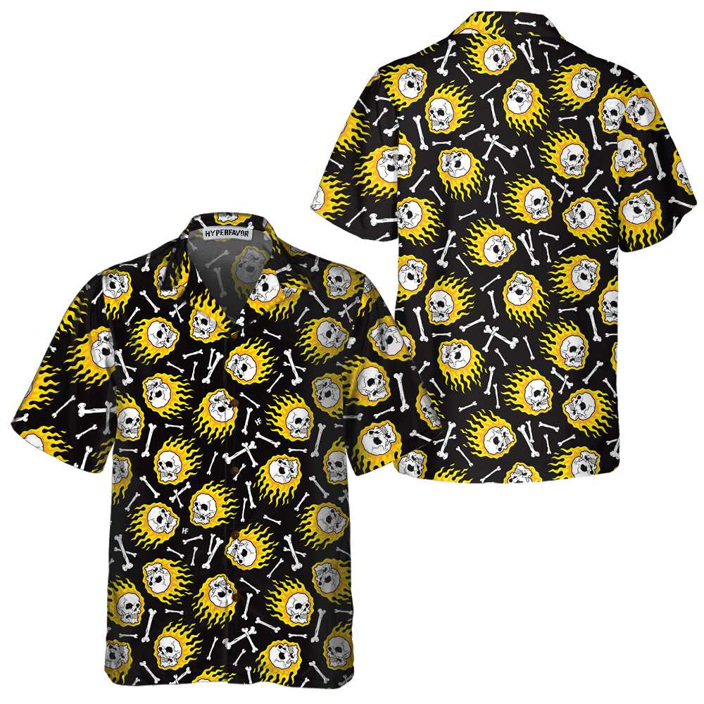 Flaming Skull Pattern Hawaiian Shirt, Unique Flame Shirt For Men, Flame Print Shirt - Hyperfavor