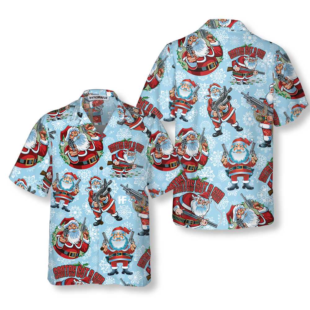 Funny Santa Claus With Machine Gun Christmas Hawaiian Shirt, Funny Santa Claus Hawaiian Shirt - Hyperfavor