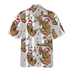 Funny Sloth In Santa Hat Grey Christmas Hawaiian Shirt, Best Christmas Sloth Hawaiian Shirt For Sloth Lover - Hyperfavor