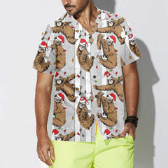 Funny Sloth In Santa Hat Grey Christmas Hawaiian Shirt, Best Christmas Sloth Hawaiian Shirt For Sloth Lover - Hyperfavor
