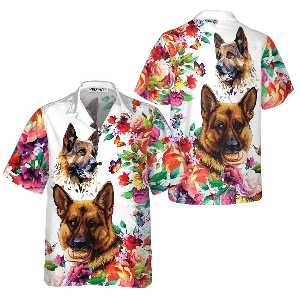 German Shepherd Floral Pattern Hawaiian Shirt, Funny German Shepherd Shirt, Dog Hawaiian Shirt For Adults - Hyperfavor
