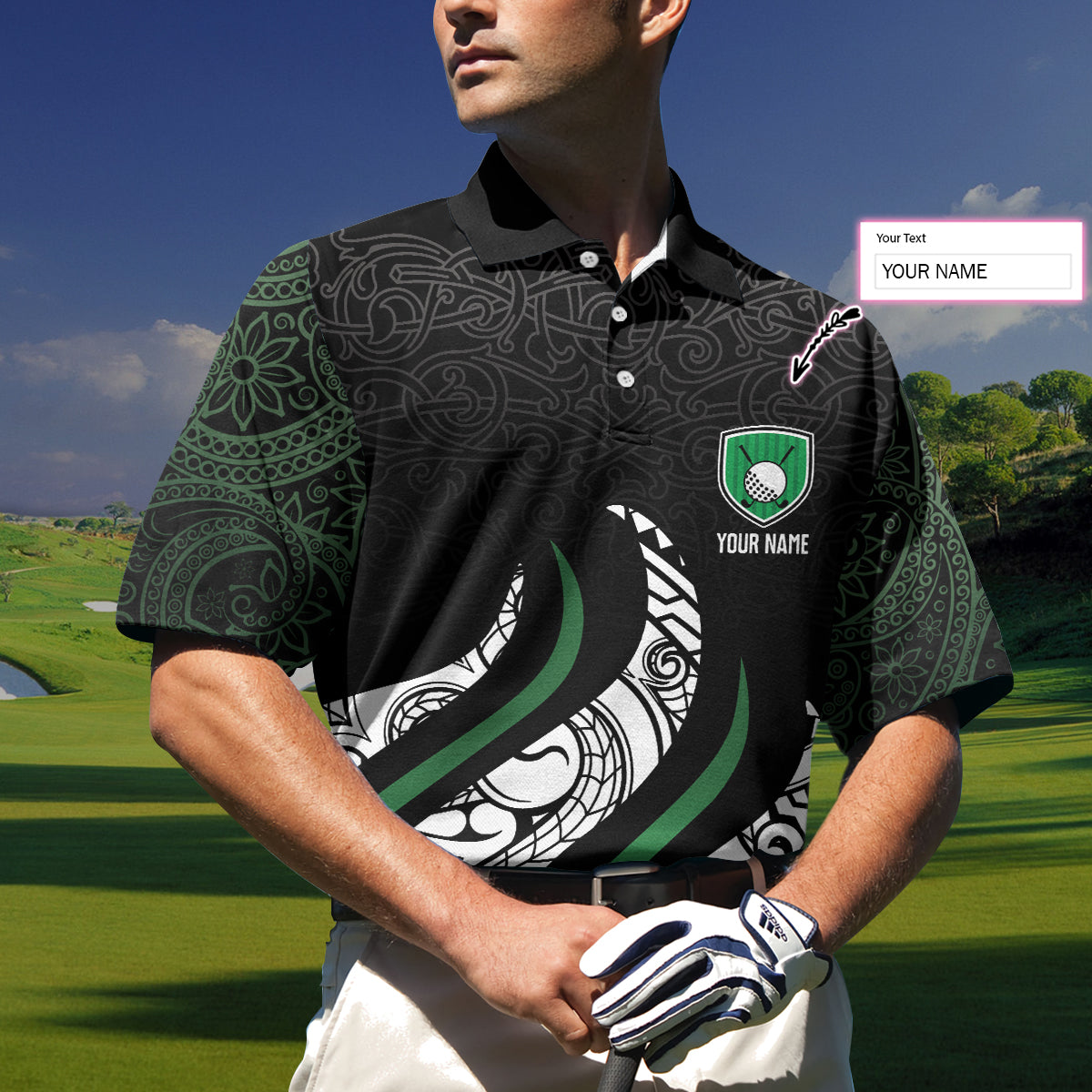 Golf Black And Green Abstract Pattern Custom Polo Shirt, Personalized Golf Gift For Male Golfers - Hyperfavor