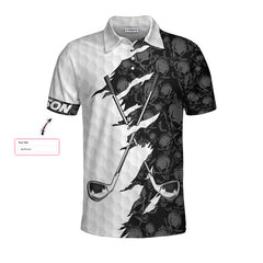 Golf Ripped Skull Custom Polo Shirt, Black And White Skull Pattern Golf Shirt, Best Crossed Golf Clubs Shirt - Hyperfavor