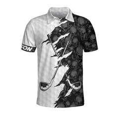 Golf Ripped Skull Custom Polo Shirt, Black And White Skull Pattern Golf Shirt, Best Crossed Golf Clubs Shirt - Hyperfavor