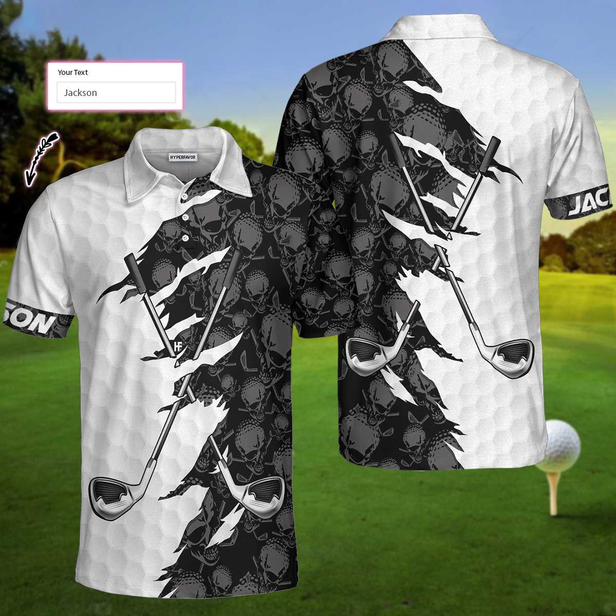 Golf Ripped Skull Custom Polo Shirt, Black And White Skull Pattern Golf Shirt, Best Crossed Golf Clubs Shirt - Hyperfavor